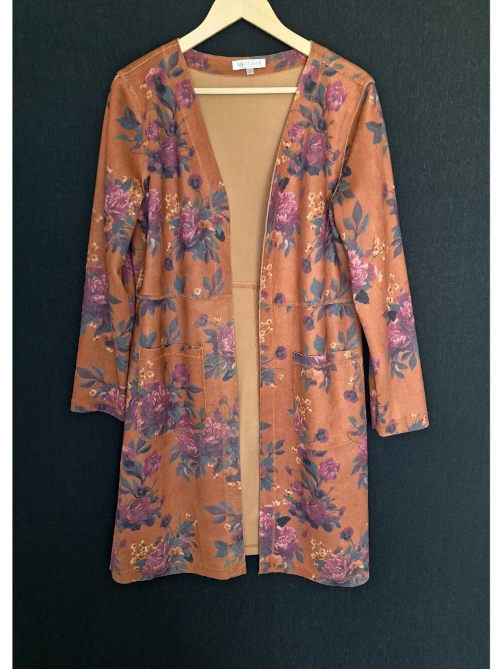 💙 Solitaire Floral Open Front Cardigan Size L Suede Feel Brown Purple Duster Po